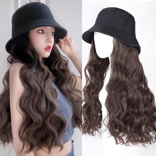Lativ Long Wavy Hat Wig Synthetic Wig For Women Natural Hair Connection With Black Beige Fisherman Hat Detachable Daily