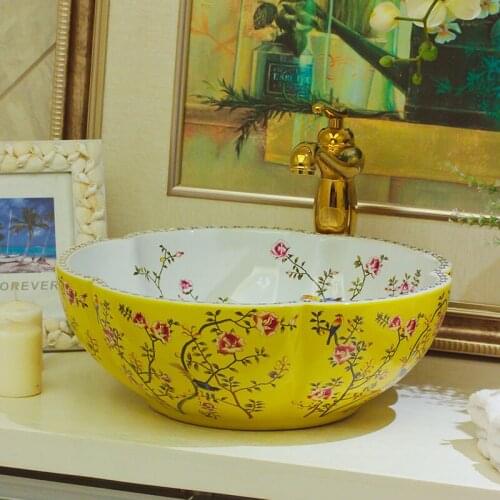 Europe Vintage Style Ceramic Art Basin Sinks Counter Top Wash Basin Bathroom Vessel Sinks vanities antique ceramic wash basin