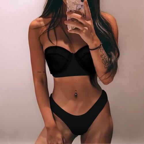 #H30 2020 New Bikini Women Swimwear High Waist Strapless Sexy Bikini Pure Color Women Swimsuit Padded Bathing Suit Monokin