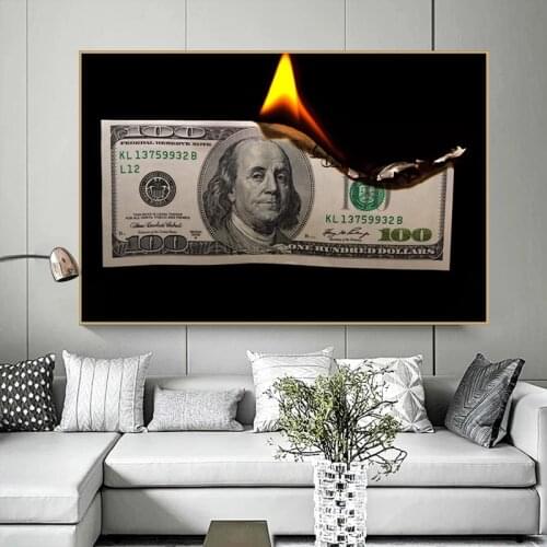 Burning 100 Dollar Bill Prints Painting on Canvas Cuadros Wall Art Poster Nordic Decorative Wall Picture for Living Room Decor
