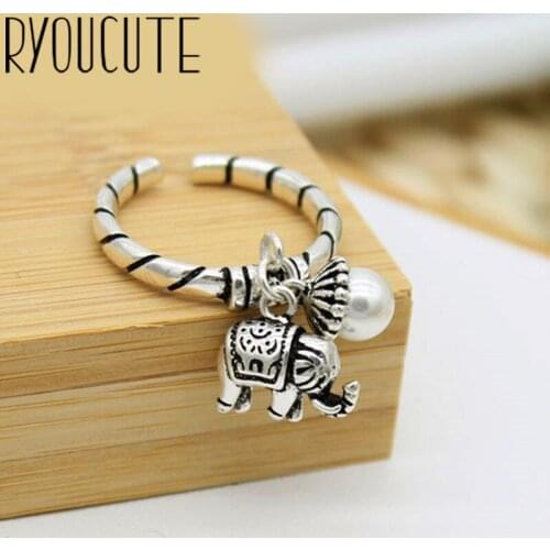 Wholesale Real Silver Color Tassel Elephant Rings For Women Big Antique Rings Finger Jewelry High Quality