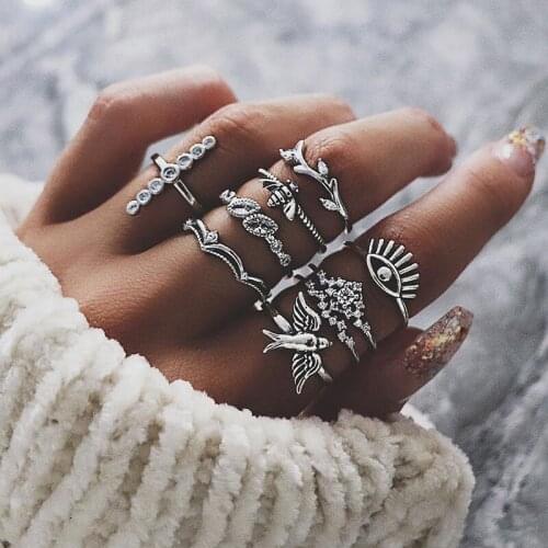 9 Pcs/Set Retro Bird Bee Crown Pattern Ring for Women Rhinestone Devils Eye Silver Color Rings Set Personality New Arrival