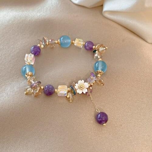 Minar Vintage Blue Purple Color Crystal Beaded Bracelet for Women White Resin Flowers Beads Elastic Charm Bracelets Accessories
