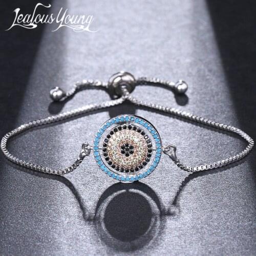 Fashion Rock Black and Blue Eye Round Charm Chain Bracelets with Zirconia Silver Color Adjustable Friendship Bracelet for Women