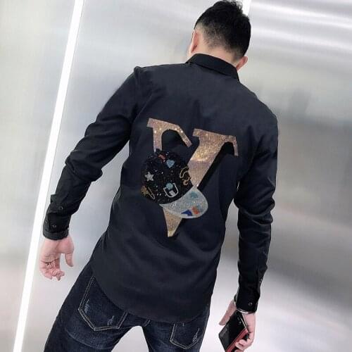 Rhinestone Alphabet Style Spring Mens T-Shirt Casual Business Lapel Autumn Long-Sleeved Cotton Slim Tops