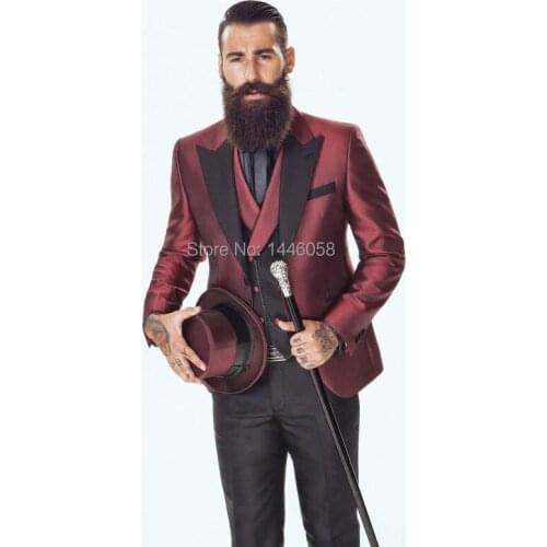2018 New Style Groomsmen Shawl Lapel Groom Tuxedos Burgundy Dinner Wedding Men Suits Wedding Best Man Blazer (Jacket+Pants+Vest)