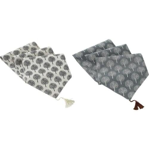 New Natural Cotton & Linen Tree Pattern Table Runner with Tassel, for Dresser Scarf Dining Coffee Home Tabletop Decoration