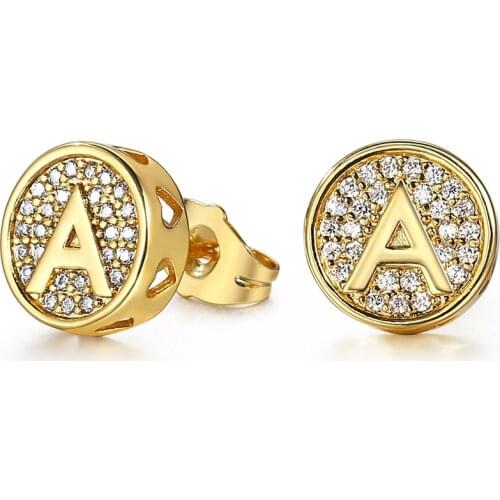 New 26 Initial Letter Stud Earrings for Men Women Gold Color Alphabet AAA CZ Luxury Crystal Earrings Wedding Party Gifts GE353