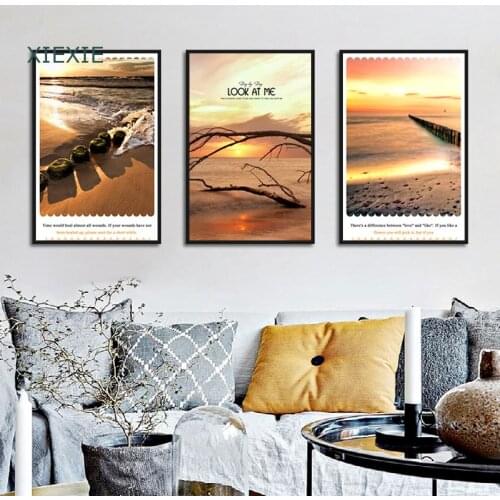 Landscape Canvas Painting Nordic Style Seaside Beach Bridge Tree Branch Hanging Wall Art for Living Room Modern Home Decor