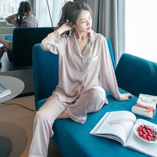 Fdfklak 2021 Spring And Autumn New Pajamas Set Pyjamas For Women Pijamas Ice Silk Long Sleeve Trousers Suit Solid color