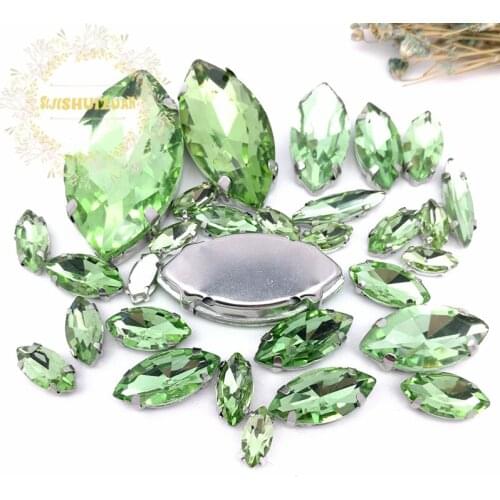 Popular!! MIX Light green Horse eye Size Crystal Glass Sew-on Rhinestones Silver Bottom DIY Womens Dresses and shoes 30pcs