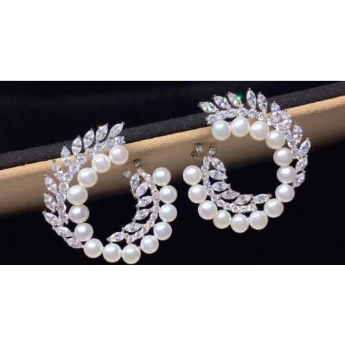 Natural fresh water pealr stud earring unique style circle 925 sterling silver with cubic zircon big earring fine