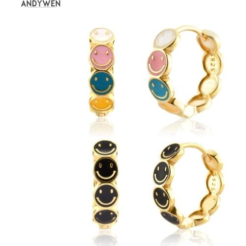 ANDYWEN 925 Sterling Silver Gold Smile Happy Face Hoop Huggies Earring Piercing Smiley Clips Funny Pendiente Luxury Jewelry Gift