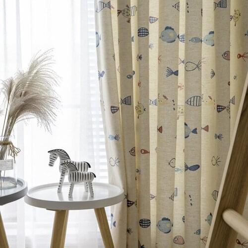 Modern Cartoon Children Cute Fish Linen Printing Childrens Room Blackout Curtains Custom Curtain for Living Dining Room Bedroom
