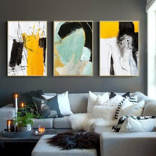 Modern Simplicity Home Decor Canvas Art Nordic Painting Abstract Yellow Gray Color Water Ink Wall Art Pictures For Living Room