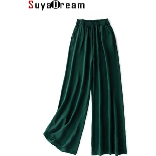 SuyaDream Women Wide Leg Pants 100%Real Silk Solid Elastic Waisted Long Pants 2021 Office Lady Spring Summer Trousers Black