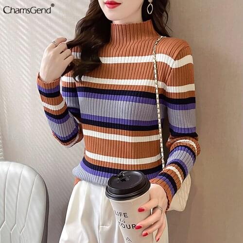 Knitted Vintage Striped Sweater Autumn Woman Warm Elegant Turtleneck Neck Long Sleeve Autumn Basic Sweater Loose Casual Jumper