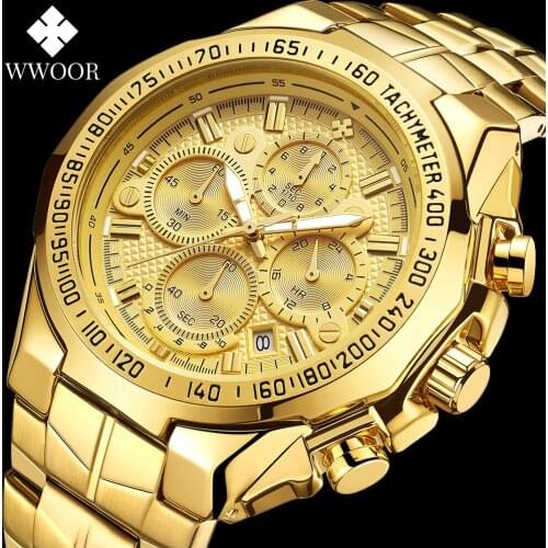 WWOOR Luxury Gold Watch For Men Fashion Waterproof Quartz Analog 24Hour Clocks Male Sports Military Wristwatch Relogio Masculino