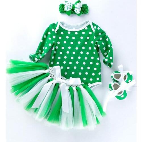 Green Baby Girls Cotton Polka Dots Romper Seperated TUTU Skirt Baby Clothing White Infant Girl Bow Headband Shoes Leggings