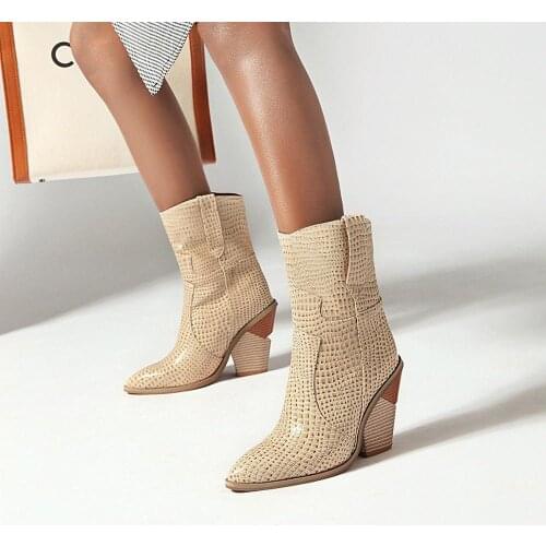 Fashion Embossed microfiber Leather Women Mid-calf Boots Toe Western Cowboy Boot High Heels Motorcycle chaussures femme size 39