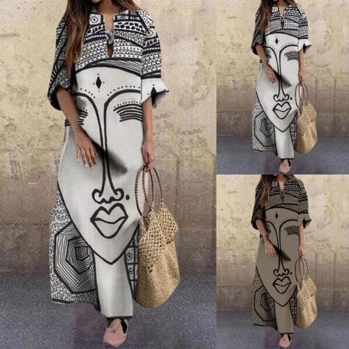 Women Casual Boho Fashion Print Dress V-Neck Big Swing Half Sleeve Maxi Dress 2021 Summer Elegant Female Loose Vestidos Plus Siz