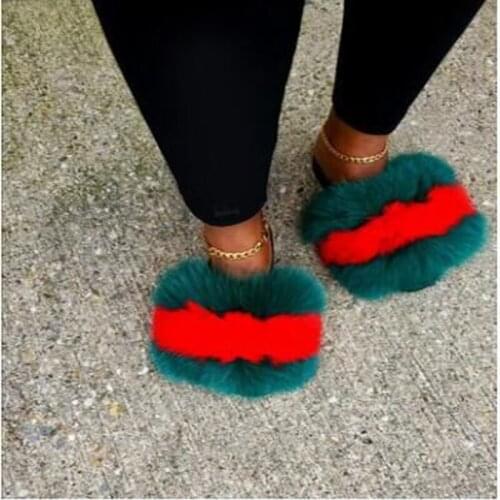 Women Summer Outdoor Casual Fluffy Fury Shoes Cute Furry Real Fur Slides Ladies Plush Fur Slippers Flat Fuzzy Fox Hair Sandals