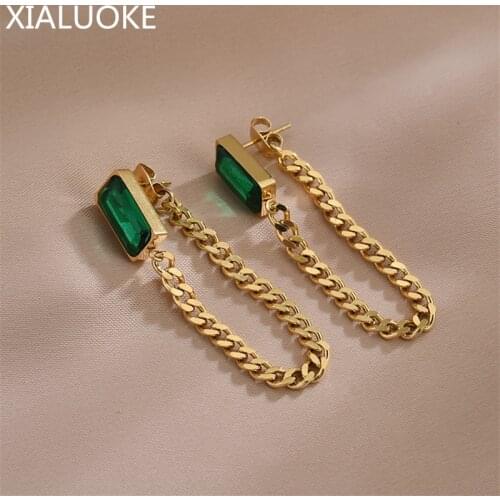 XIALUOKE Vintage Senior Elegant Green Zircon Metallic Chain Tassel Earrings For Women New Fashion Earrings Jewelry Accessories