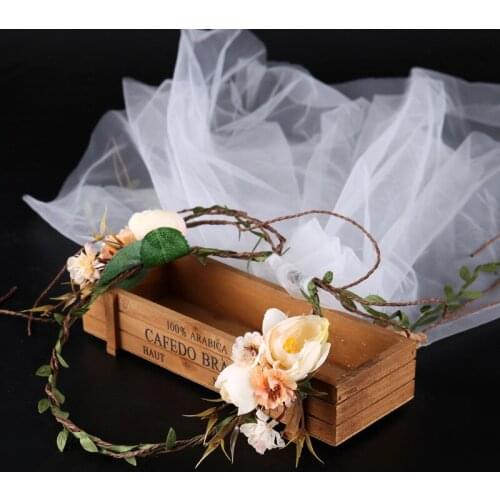 FORSEVEN Boho Flower Crown Garland Floral Bridal Wreath with Lace Bride Veil Decoration Women Girl Wedding Hair Accessories JL