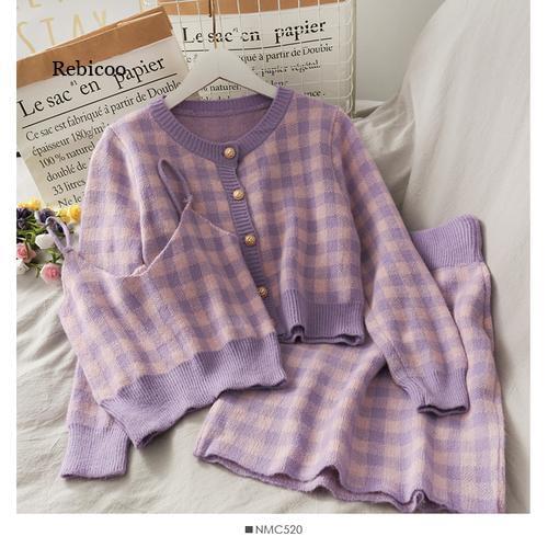 Sweet Plaid Three-Piece Womens New O Neck Single-Breasted Long-Sleeved Loose Sweater with Short Strap two piece set skirt