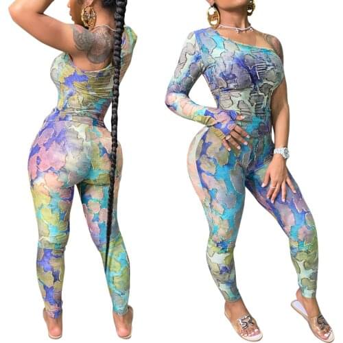 Colorful Printed Jumpsuit Womens Autumn One Shoulder Long Sleeve Sexy Clubwear Romper Female Bodycon Playsuit