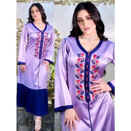 Women Dubai Jalabiya Dress Long Pleats Floral Embroidery Color Blocking Saudi Arabic Ethnic Abaya Muslim Gown Party Evening Eid
