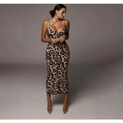 2021 Sexy Leopard Dresses Women Irregular V Neck Print Bodycon Dress Midi Split Sleeveless Suspender Design Dress Female Summer