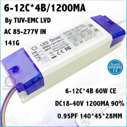 2 Pcs By TUV-CE 60W LED Driver 6-12Cx4B 1200mA DC18-40V 6-10Cx5B 1500mA DC18-36V Constant Current For Spotlights Free Shipping