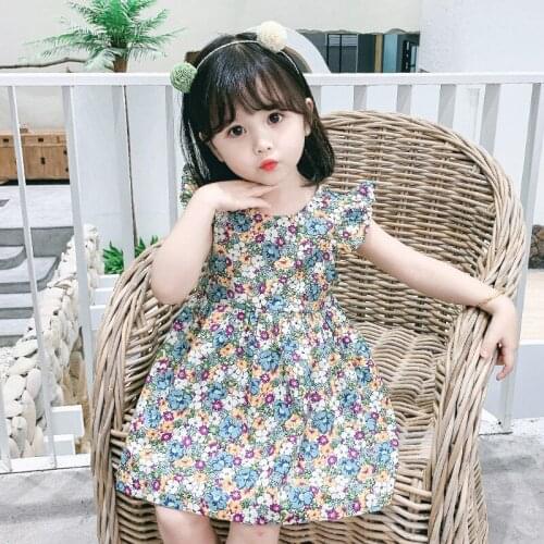 2021 Girls Dress Summer Childrens Cotton Comfortable Floral Flying Sleeve Princess Dresses for Girl Kids Clothing Vestido