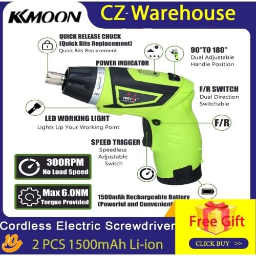 6.0N.m Cordless Electric Screwdriver 2PCS Rechargeable 1500mAh Li-ion 7 Torque Setting 2 Position Handle with 6 Accessories