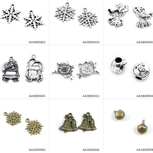 Antique Bronze Silver Plated Jewelry Making Charms Bells Christmas Xmas Snowflake Compass Loose Beads Santa Claus Deer Buck