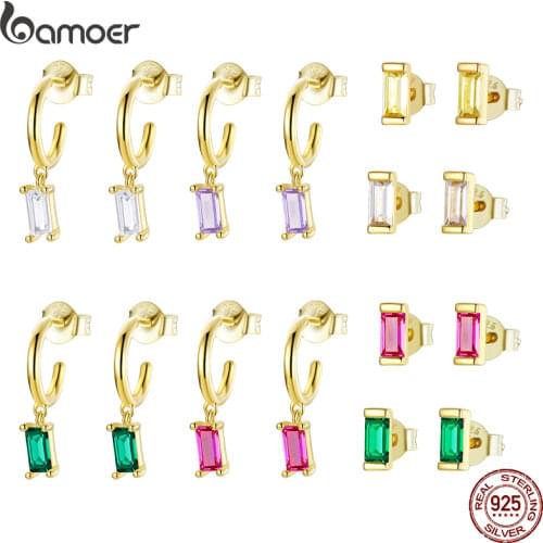 BAMOER Gold Plated 925 Sterling Silver Drop Earring Piercing Square Cubic Zirconia Gold Luxury Fashion Hoop Earrings