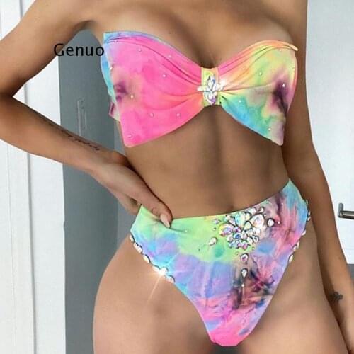 2021 Sexy Tie Dye Diamond High Waist Bikini Women Bandeau Swimsuit Female Swimwear Two Pieces Bikini Set Knot Bathing Suit Swim