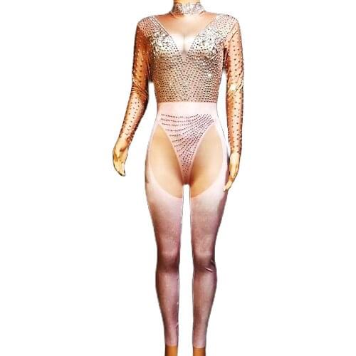 Shining Rhinestones Pink Women Skinny Stretch Jumpsuits Long Sleeve Nude Romper Nightclub DJ Singer Jazz Dance Stage Costumes