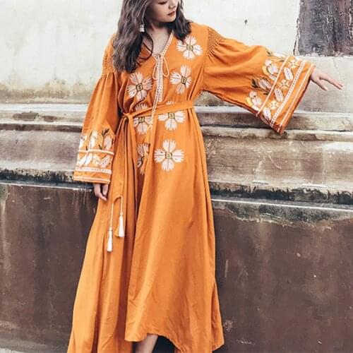TEELYNN long Boho dress for women autumn floral Embroidery flare sleeve cotton dresses Casual loose dress Hippie dress vestido