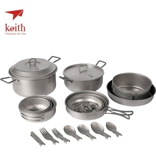 Keith Titanium Cooking Pots Bowls Large Outdoor Camping Set For 4-5 Person 21 Pcs In 1 Lot Picnic Cookware Tablewares Set Ti6201