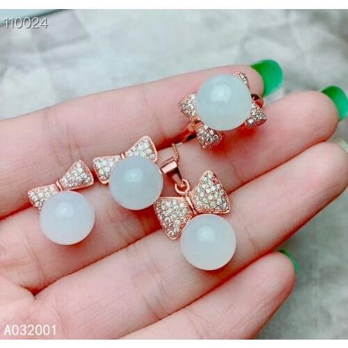 KJJEAXCMY fine jewelry natural white jade 925 sterling silver women pendant necklace ring earrings set support test trendy