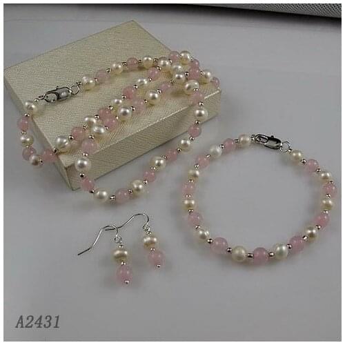 6-7mm Pink Rose Quartz With Freshwater Cultured Choker Pearl Necklace For Girl Real Pearl Necklace Bracelet Earrings Jewelry Set