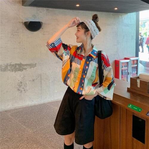 Summer Women Shirt Fashion Women Shirts Casual Female Patchwork Print Tops Shirt Hong Kong Style Retro Chic Casual La Chemise