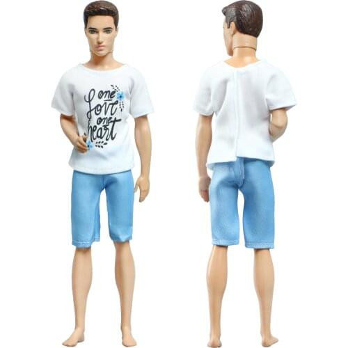Handmade Fashion Mens Doll Outfit for Ken Clothes White T-Shirt Blue Short Pants Young Boy Daily Casual Clothes Accessories Toy