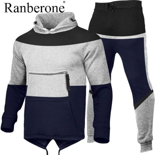 Ranberone Fashion Plus Velvet Mens Sports Suit Sweater Multi-Splicing Casual Hoodie Sportswear Jogging Running Set Out Wear
