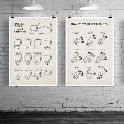 Wash Your Hands Calligraphy Print Pictures Toilet Roll Paper Origami Art Wall Canvas Poster Bathroom Vintage Painting Home Decor