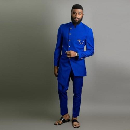 Royal Blue Men Suits Wedding Tuxedos Mandarin Lapel Slim Fit Two Pieces Groomsmen Wear
