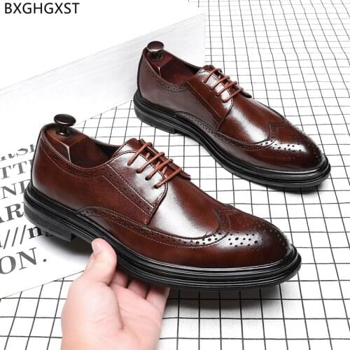 Black Oxford Men Wedding Dress Shoes Leather Pointed Shoes Men New 2021 Brown Brogue Shoes Men Chaussure Homme Zapatos De Hombre