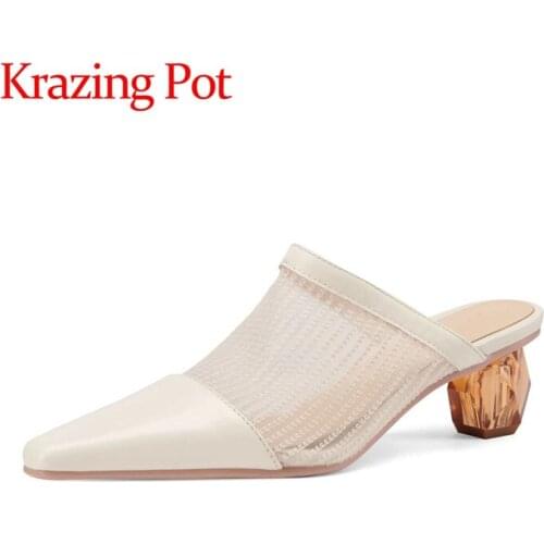 Krazing Pot big size genuine leather square toe med heels strange style crystal heel net yarn mules slip on women sandals L6f6